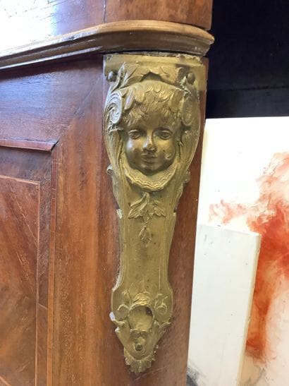 Large overmantel, beveled mirror, wood surround...