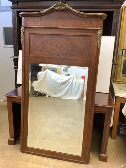 Large overmantel, beveled mirror, wood surround...
