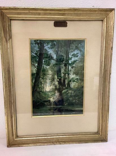 Watercolor ( young girl at a spring ) signed...
