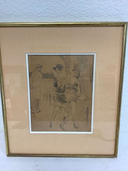 Drawing of a 1930s winter burlesque scene...