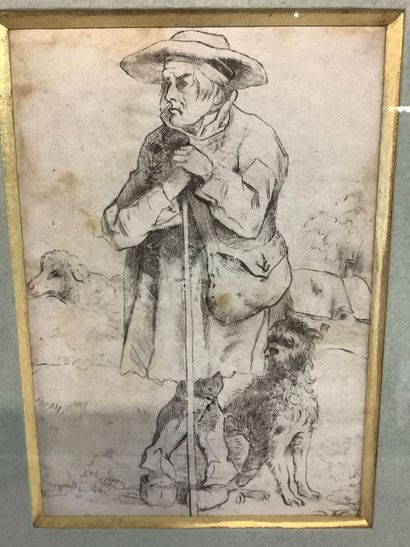 Pencil drawing of a shepherd and his dog....