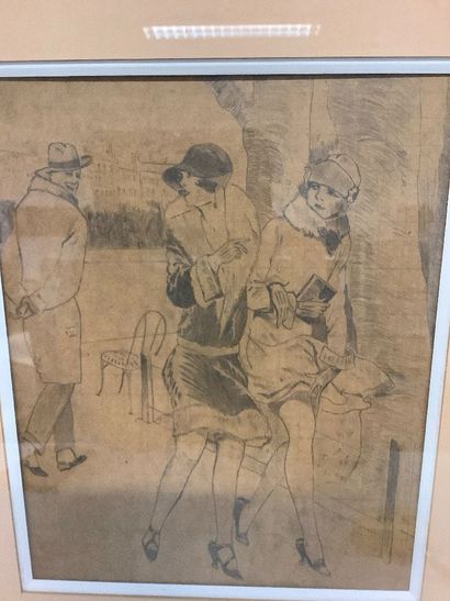 Drawing of a 1930s winter burlesque scene...