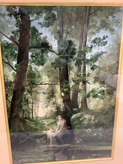 Watercolor ( young girl at a spring ) signed...