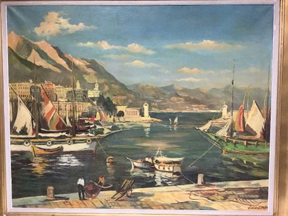 Oil on canvas, port of Monaco in the 30s,...