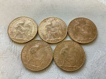 5 pièces 20 francs or, années 1903, 1906,...
