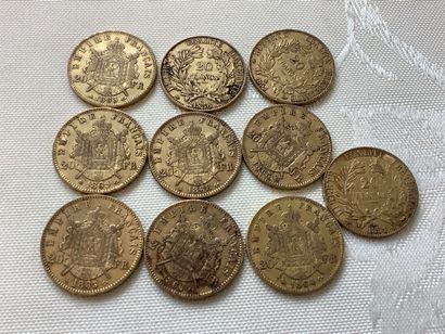 10 pièces de 20 francs or, années 1850, 1851,...