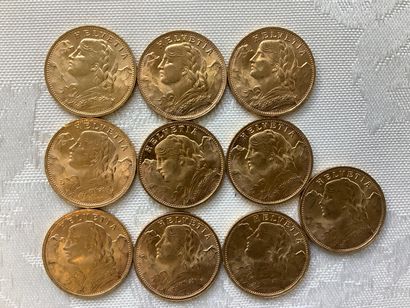 10 pièces 20 francs or, années 1913, 1935,...