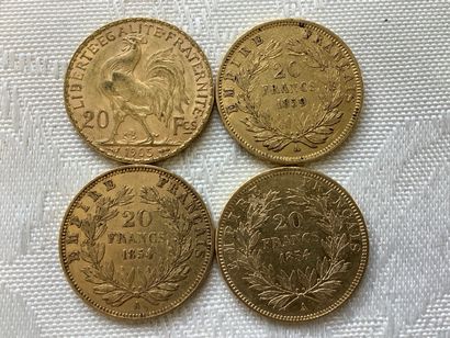 4 pièces 20 francs or, années 1854, 1859,...