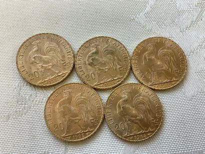 5 pièces 20 francs or, années 1903, 1911,...