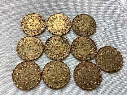 10 pièces de 20 francs or, années 1849, 1854,...