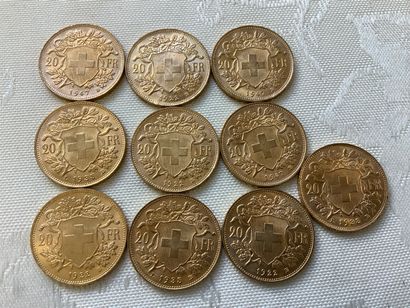 10 pièces 20 francs or, années 1922, 1935,...