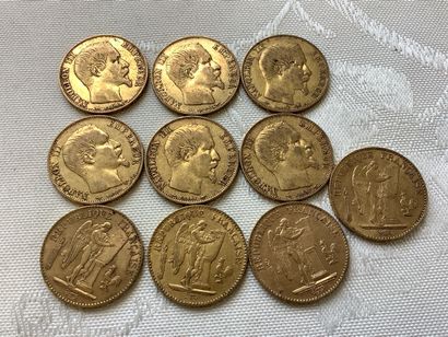 10 pièces de 20 francs or, années 1849, 1854,...