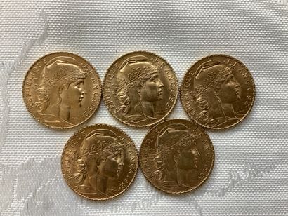 5 pièces 20 francs or, années 1909, 1913,...