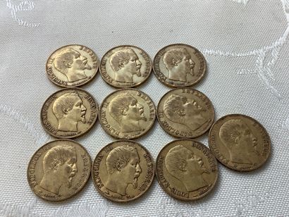 10 pièces 20 francs or, années 1852, 1854,...
