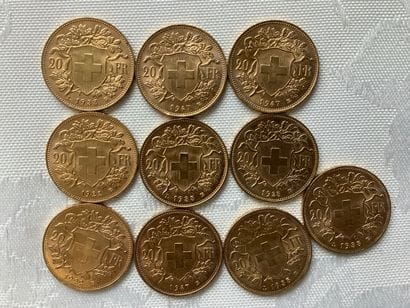 10 pièces de 20 francs or, années 1922, 1925,...