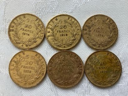 6 pièces de 20 francs or, années 1856, 1858,...