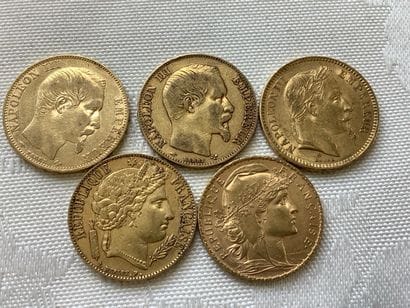 Lot de 5 pièces 20 francs or : 1851, 1856,...