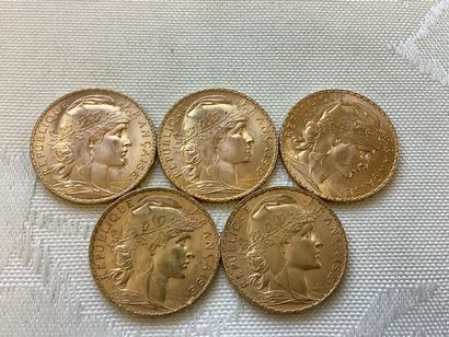 5 pièces de 20 francs or, années 1906, 1909,...