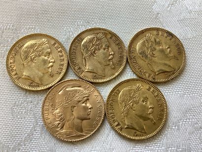5 pièces 20 francs or, années 1862, 1863,...