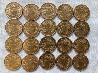 20 pièces de 20 francs or, années 1922, 1927,...