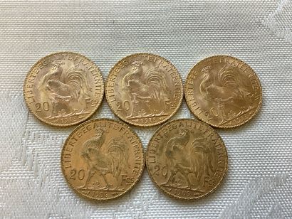 5 pièces de 20 francs or, années 1906, 1909,...