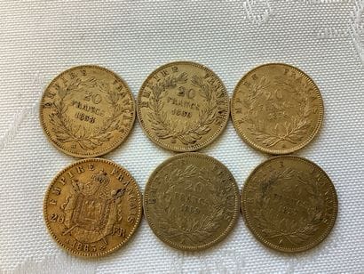 6 pièces de 20 francs or, années 1856, 1857,...