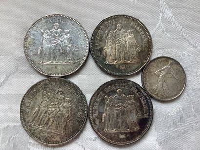 4 silver 50 Fr Hercules coins and 1 silver...