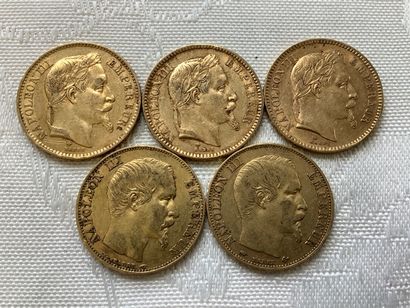 5 pièces de 20 francs or, années 1854, 1857,...