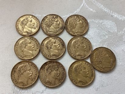 10 pièces de 20 francs or, années 1850, 1851,...