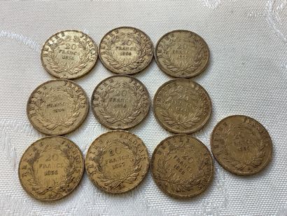 10 pièces 20 francs or, années 1856, 1857,...