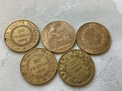5 pièces 20 francs or, années 1860, 1876,...