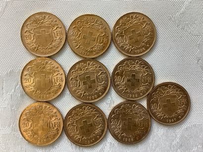 10 pièces 20 francs or, années 1915, 1935,...