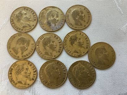 10 pièces de 10 francs or, années 1855, 1856,...