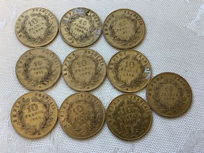 10 pièces de 10 francs or, années 1855, 1856,...