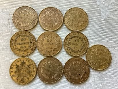 10 pièces 20 francs or, années 1865, 1876,...