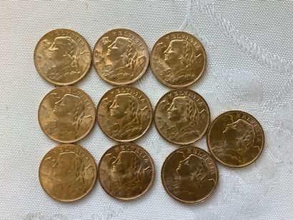 10 pièces 20 francs or, années 1922, 1927,...