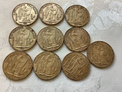 10 pièces de 20 francs or, années 1871, 1875,...