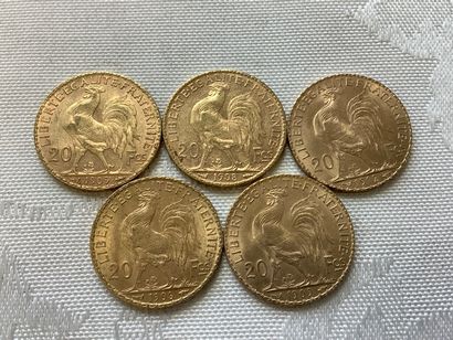 5 pièces 20 francs or, années 1906, 1908,...