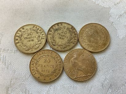 Lot de 5 pièces 20 francs or : 1853, 1857,...