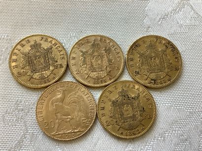 5 pièces 20 francs or, années 1862, 1863,...