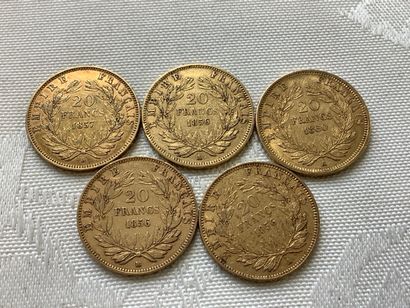 5 pièces 20 francs or, années 1856, 1857,...