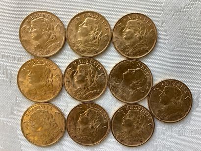 10 pièces 20 francs or, années 1922, 1930,...