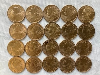 20 pièces de 20 francs or, années 1922, 1927,...