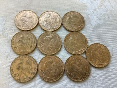 10 pièces de 20 francs or, années 1903, 1905,...