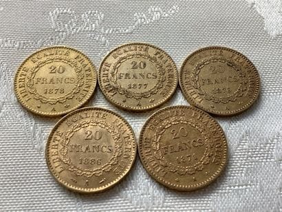 5 pièces 20 francs or, années 1871, 1875,...