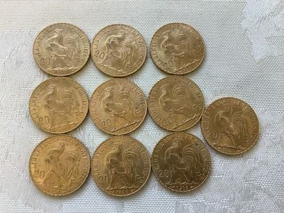 10 pièces de 20 francs or, années 1907, 1909,...