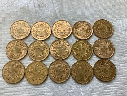 15 pièces de 20 francs or, années 1894, 1897,...