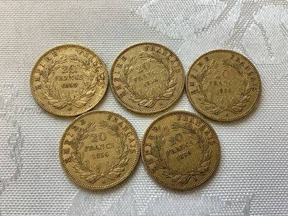 5 pièces de 20 francs or ,années 1854, 1856,...