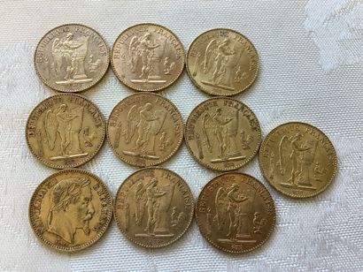 10 pièces 20 francs or, années 1865, 1876,...