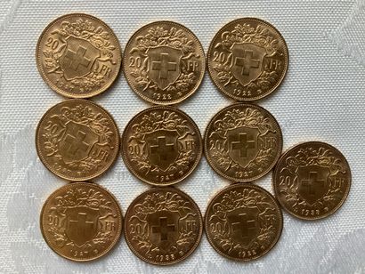 10 pièces de 20 francs or, années 1922, 1927,...